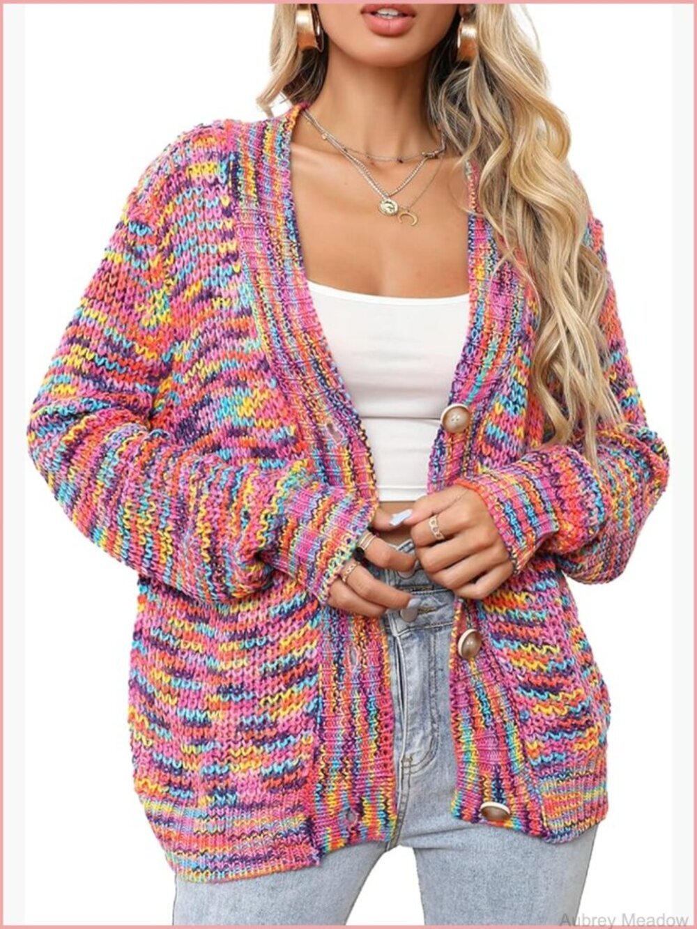 Rainbow Knitted Cardigan Chunky Color Block Button Down Sweater